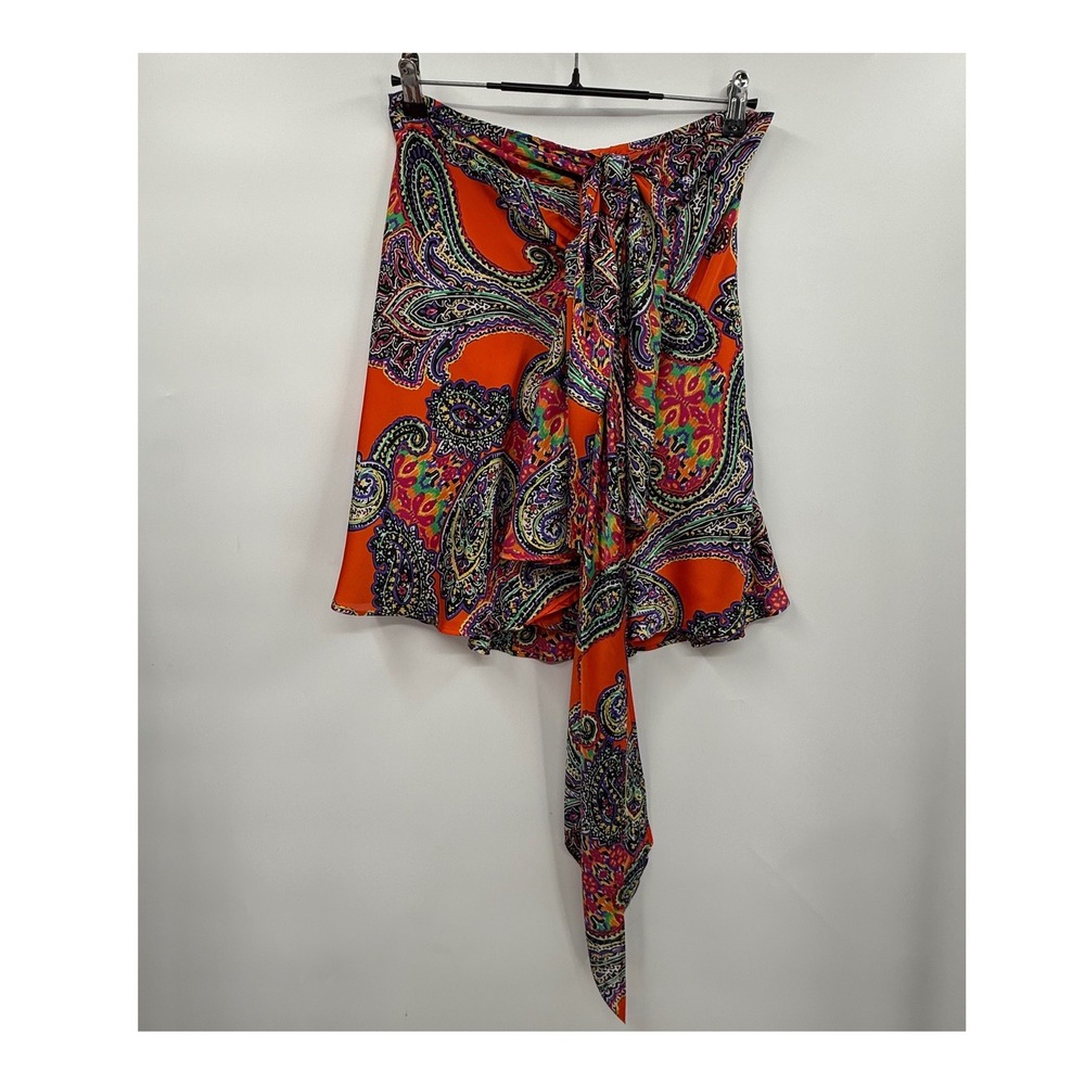 Lauren Ralph Lauren PS Mini Skirt Womens Orange Paisley Tie Front Ruffle Petite